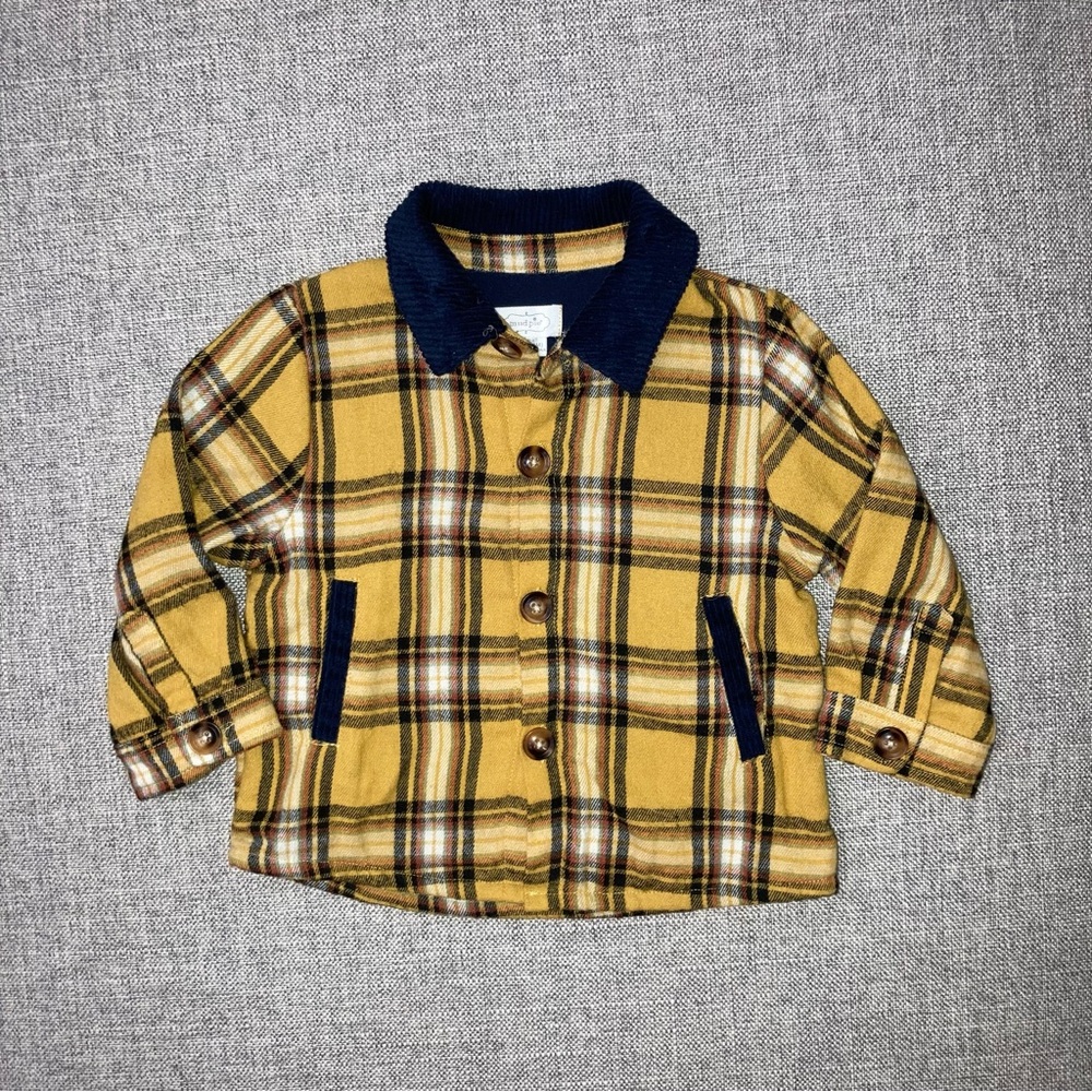 Mudpie 12-18m yellow and blue plaid jacket VGUC